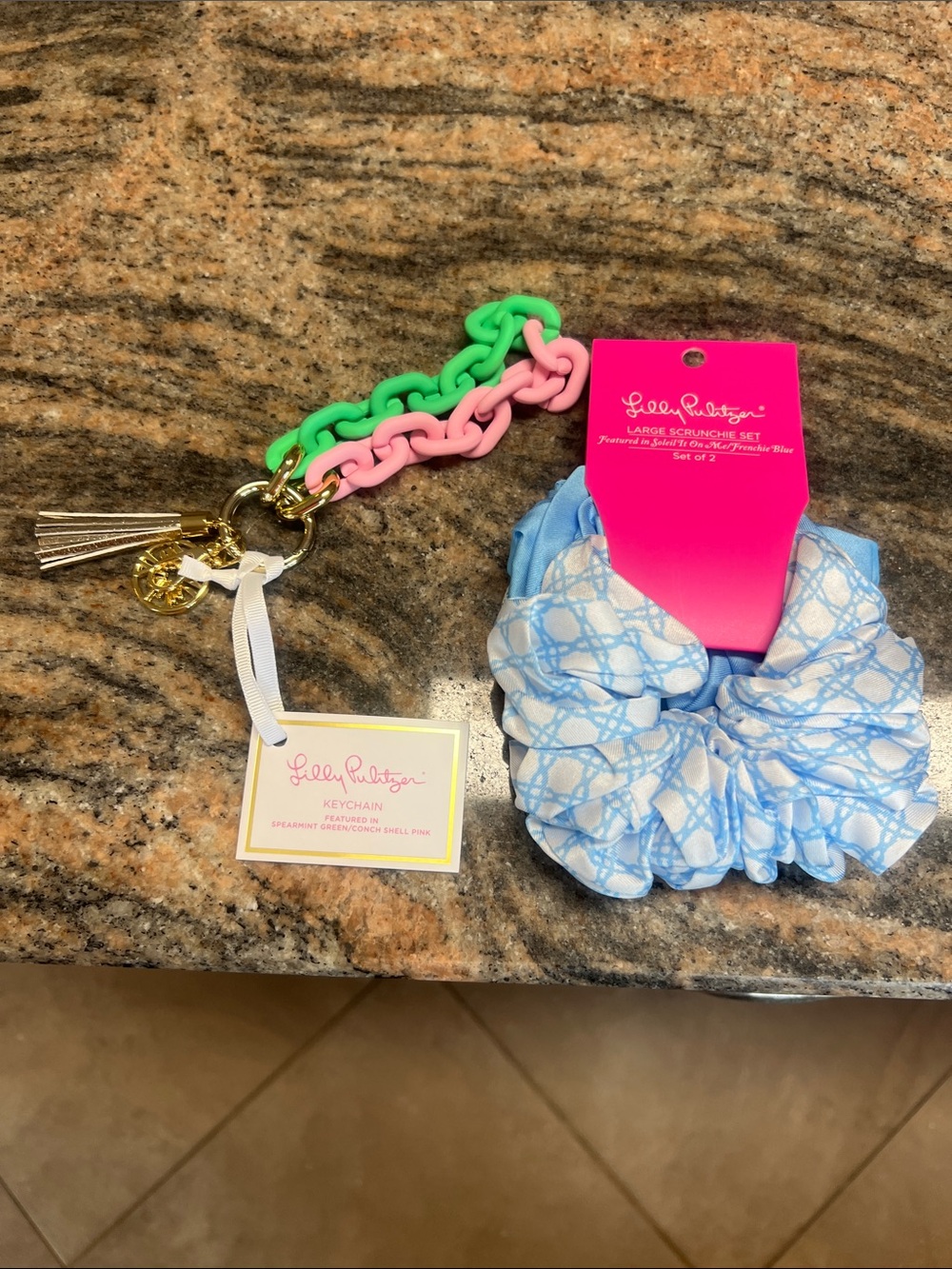 Lilly Pulitzer Blue Patterned Scrunchies with Pink and Green Chain Keychain